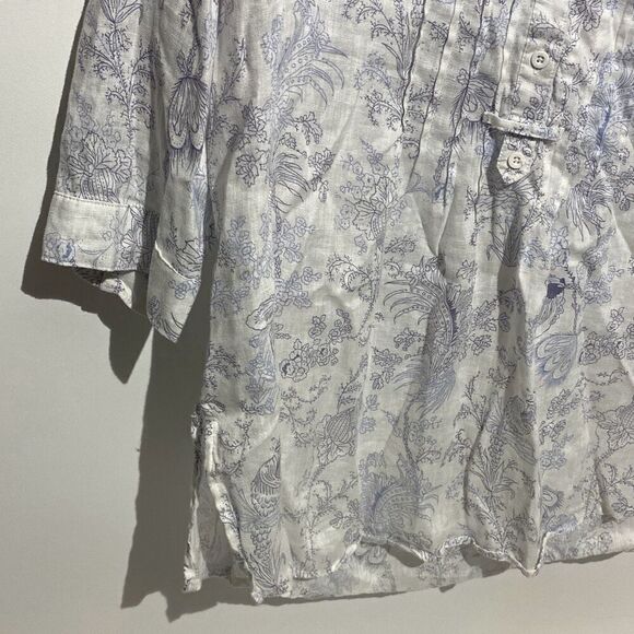 Malvin Women's White Blue Floral Print I Love Linen Button Up Blouse Size 8 - Picture 3 of 12